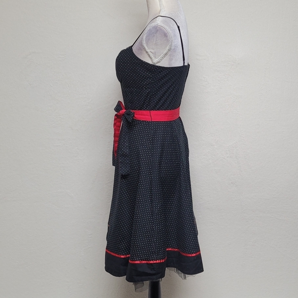 90s Vintage Ruby Rox Black Red Polka-dot Tie-Waist Tulle Fit & Flare Midi Dress - Picture 9 of 14